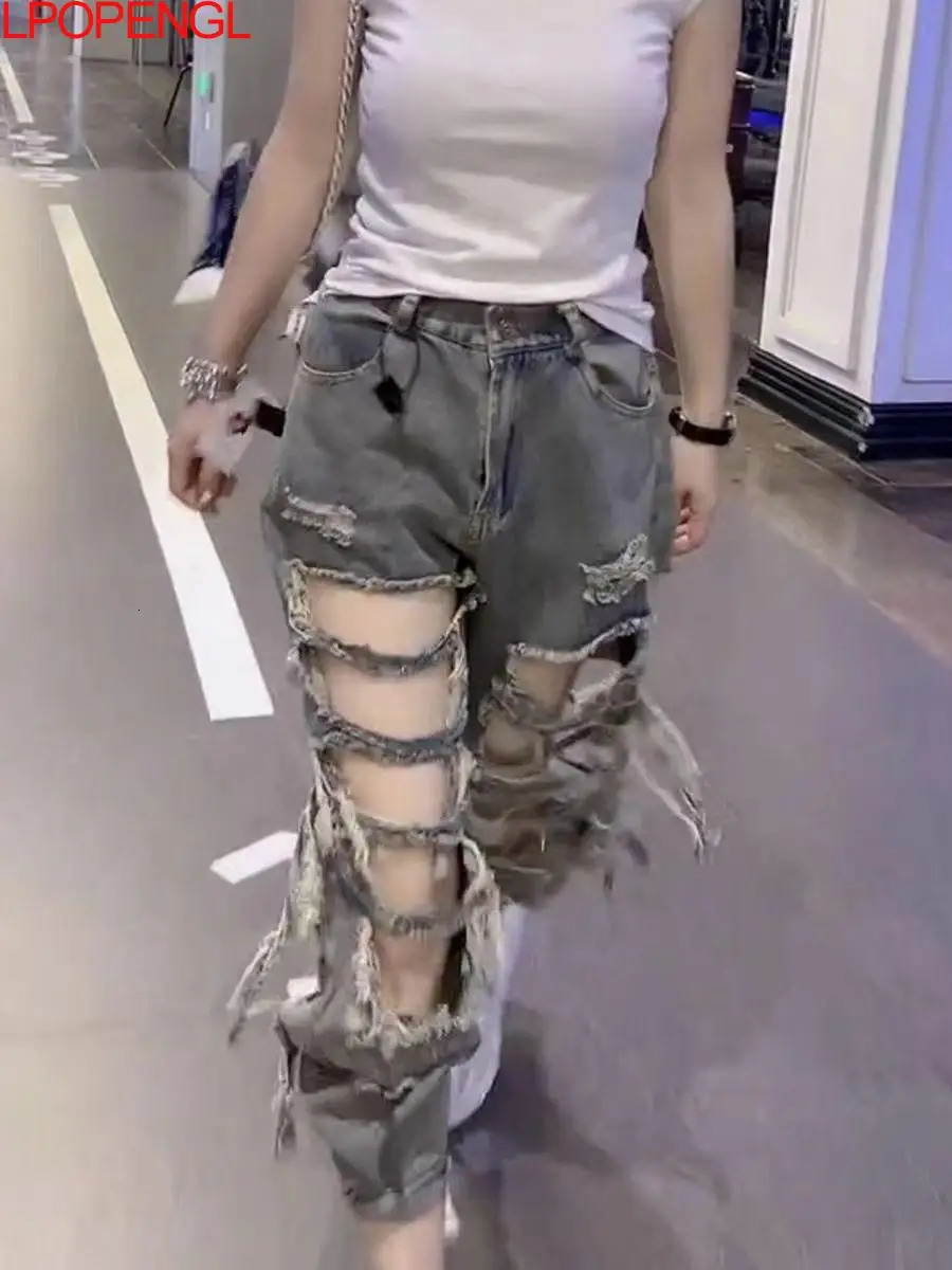2026 Spring Fashion Solid Color Perforated High Waisted Streetwear Jeans Woman Summer Style Loose Elastic Waist Baggy 260608