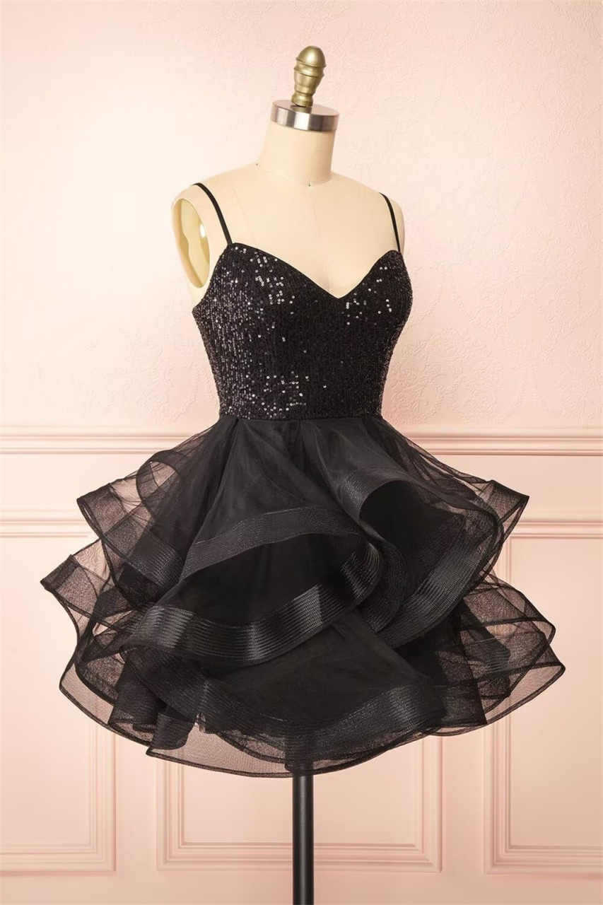 New Black Short Cocktail Party Dress 2027 Sweetheart Straps Sequins Ruffles Tulle Puffy Homecoming Holiday Birthday Gowns Graduation Robe De Soiree