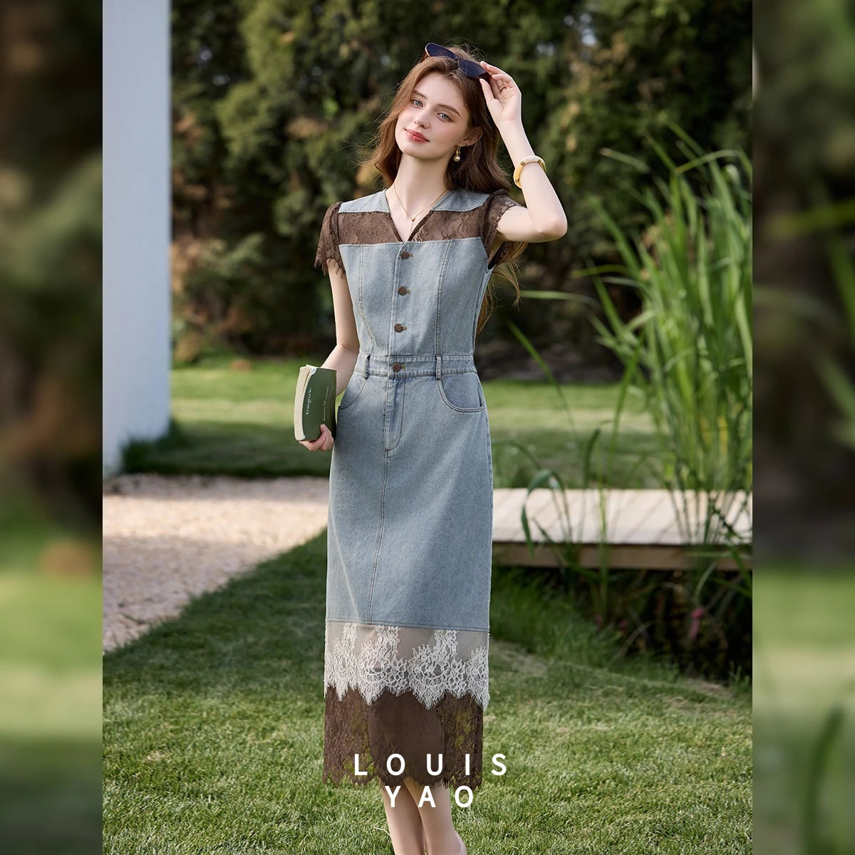 LOUISYAO Denim Patchwork Lace Long Dress 2026 Summer Vintage V Neck Button Short Sleeve Slim 260611