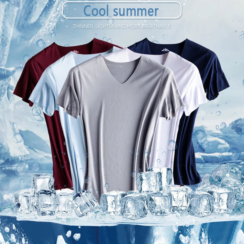 Fashion Summer Seamless Breathable Ice Silk T-Shirt Vest Mens Sports Short Sleeve T-shirt Ice Silk Solid Color V-neck M-5XL 260612