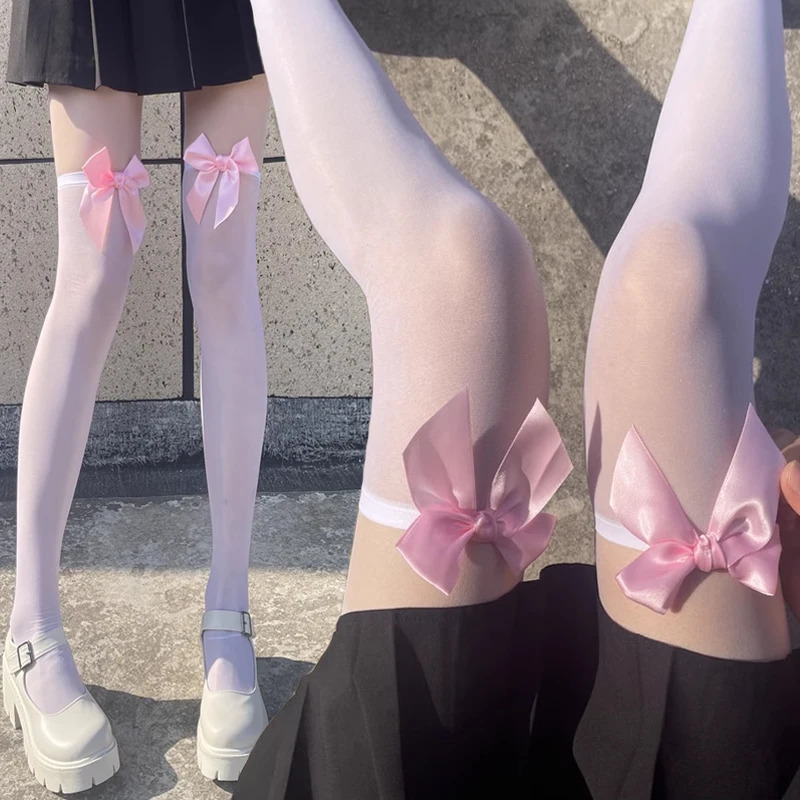Pink Women Stockings Sexy Lace Bow Long Socks Lolita Knees High SocksThigh High Stockings Sweet Girls Kawaii Stockings Japanese 260612