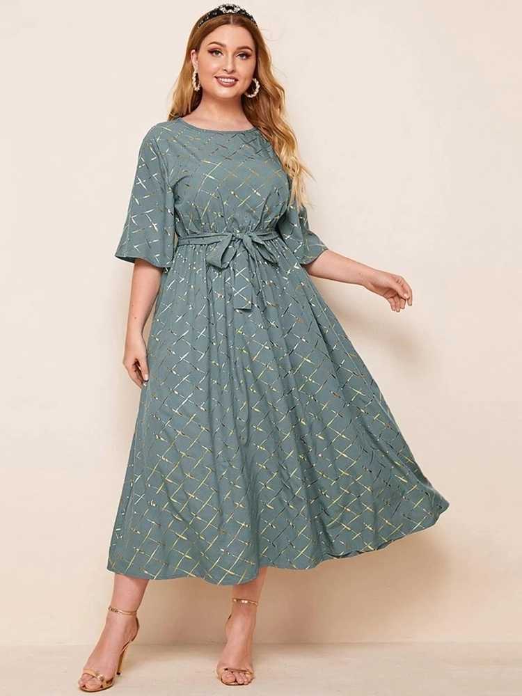 Dresses Casual Spring Summer Plus Size Women O Neck Short Slve A Line Printed Belt Long Dresses S260612