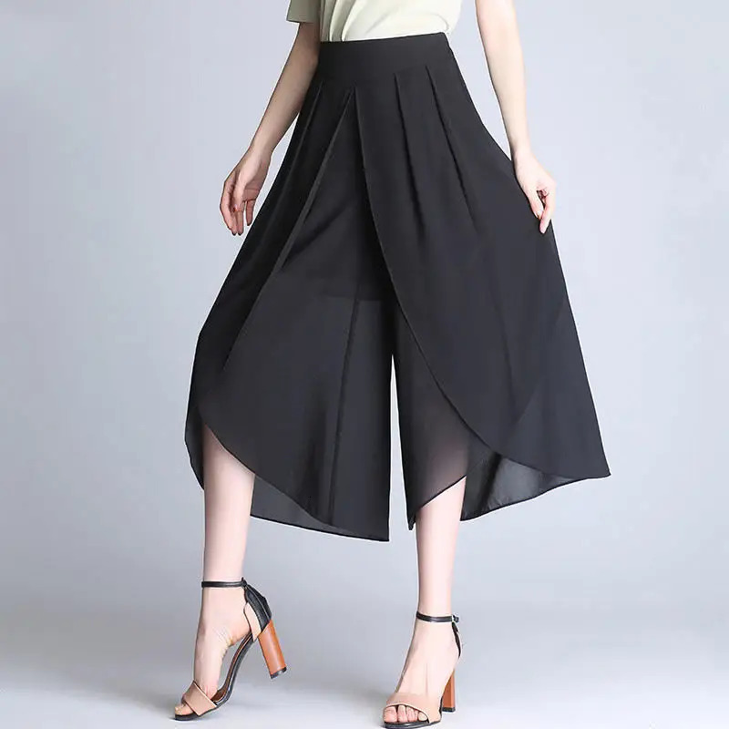 Summer Women Oversized Black Chiffon Pants Korean Thin Fashion High Waist Elastic Band Split Loose Solid Casual Wide Leg Trouser 260611