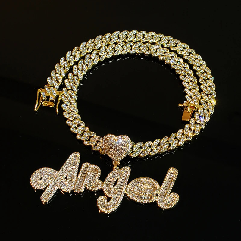 Grandbling Custom Name Necklace with Heart Rhinestone Cuban Chain Word Necklace Iced Out CZ Personalized Hiphop Jewelry 260611