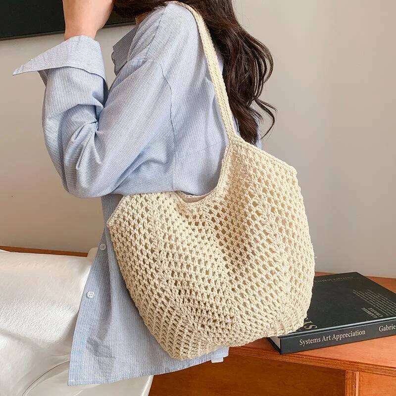 New Casual Beach Woven Hollow Out Shopping Bag Single Shoulder Tote Bags for Women Men Summer Vacation Travel Accessories
