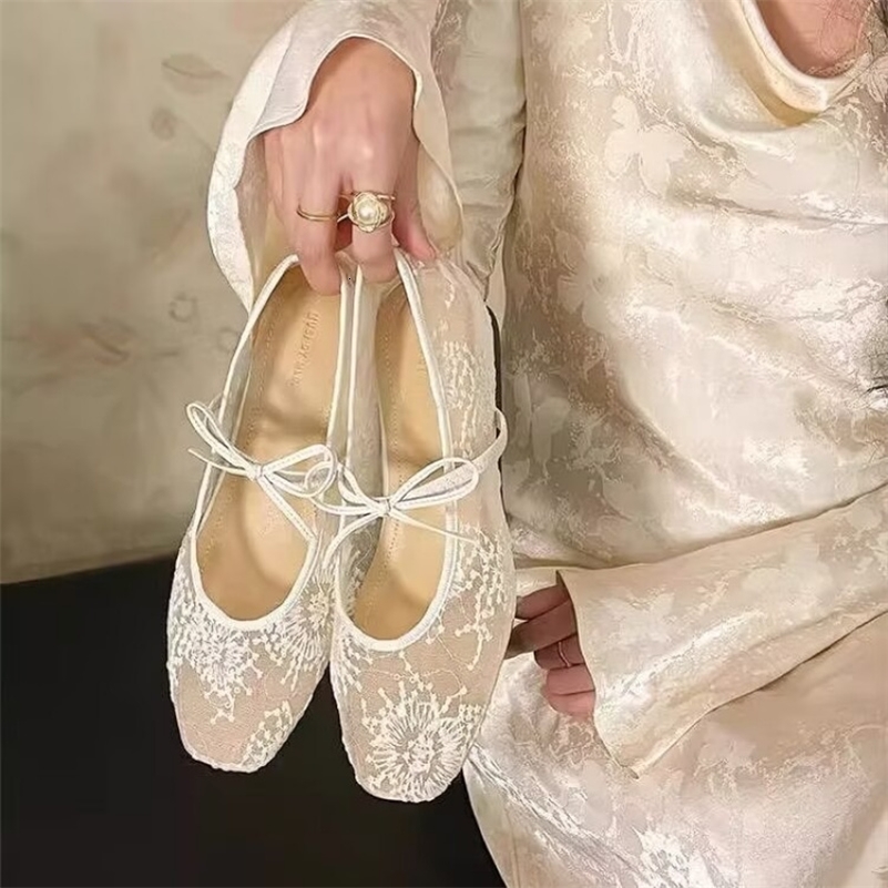 Womens Lace Mesh Mary Jane Shoes Fashion Square Toe Bowknot Flats Soft Sole Comfortable Slip-On Retro Elegant Date Shoes 260611