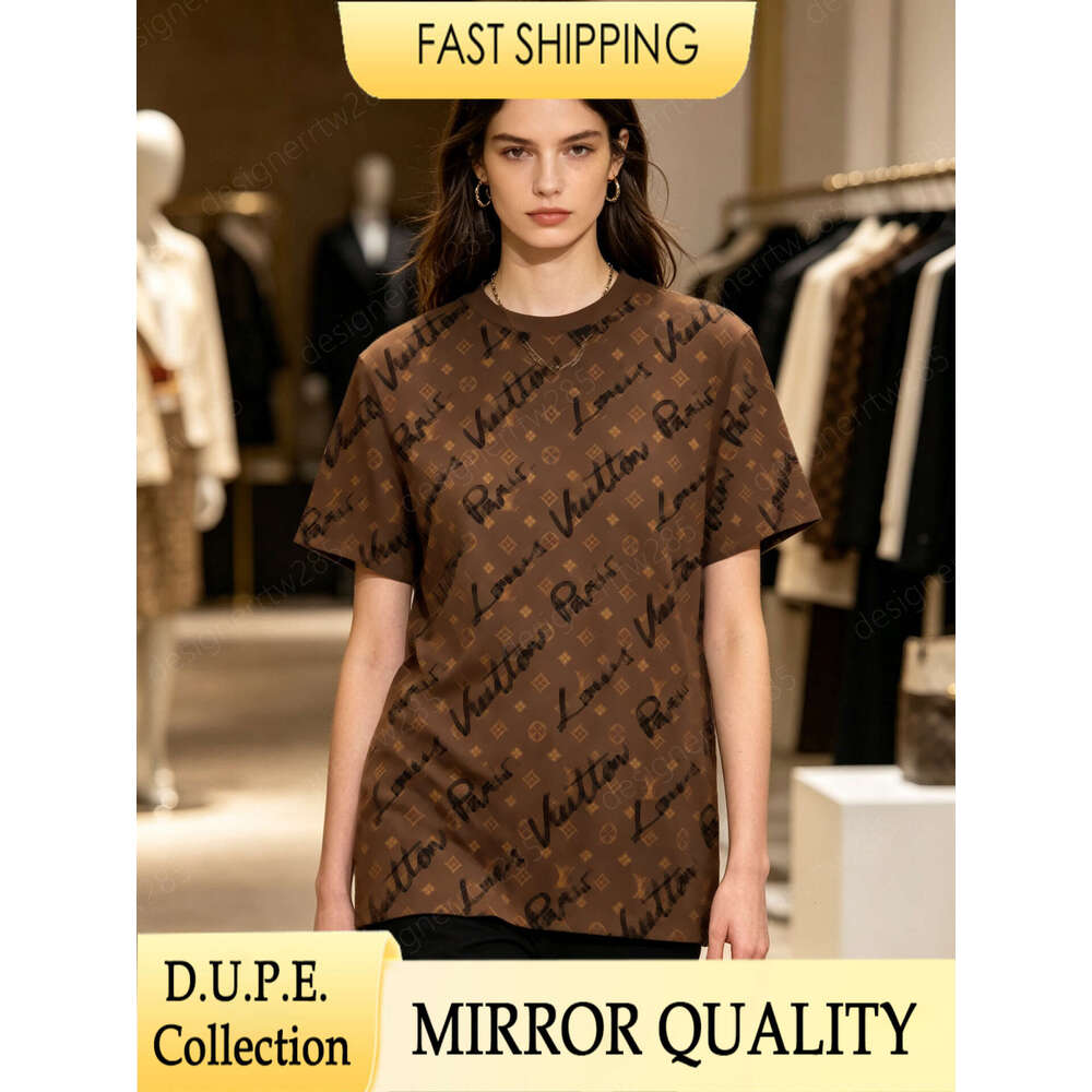Luxury Designer Brown Full Print T-Shirt with Chain Detai Women Letter Monogram Graphic Tee Oversize Short Sleeve Top Summer Streetwear