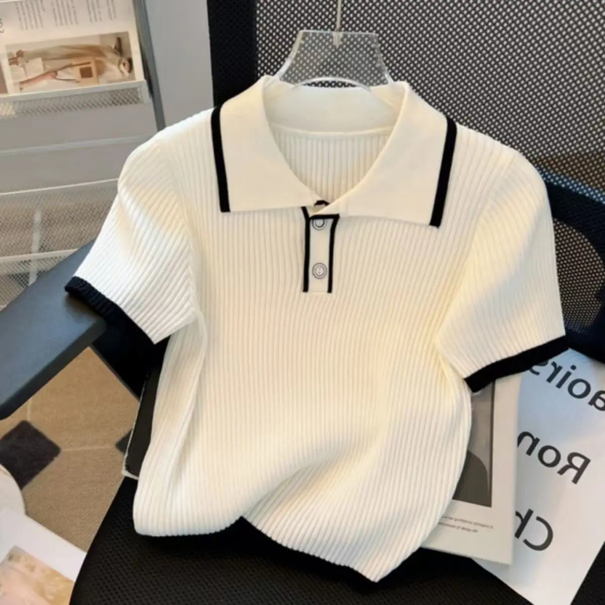 Ice Silk Knitted Short Sleeved T-shirt for Womens Summer 2026 Fashionable and Stylish Polo Shirt Top Korean Casual Tshirts 260610