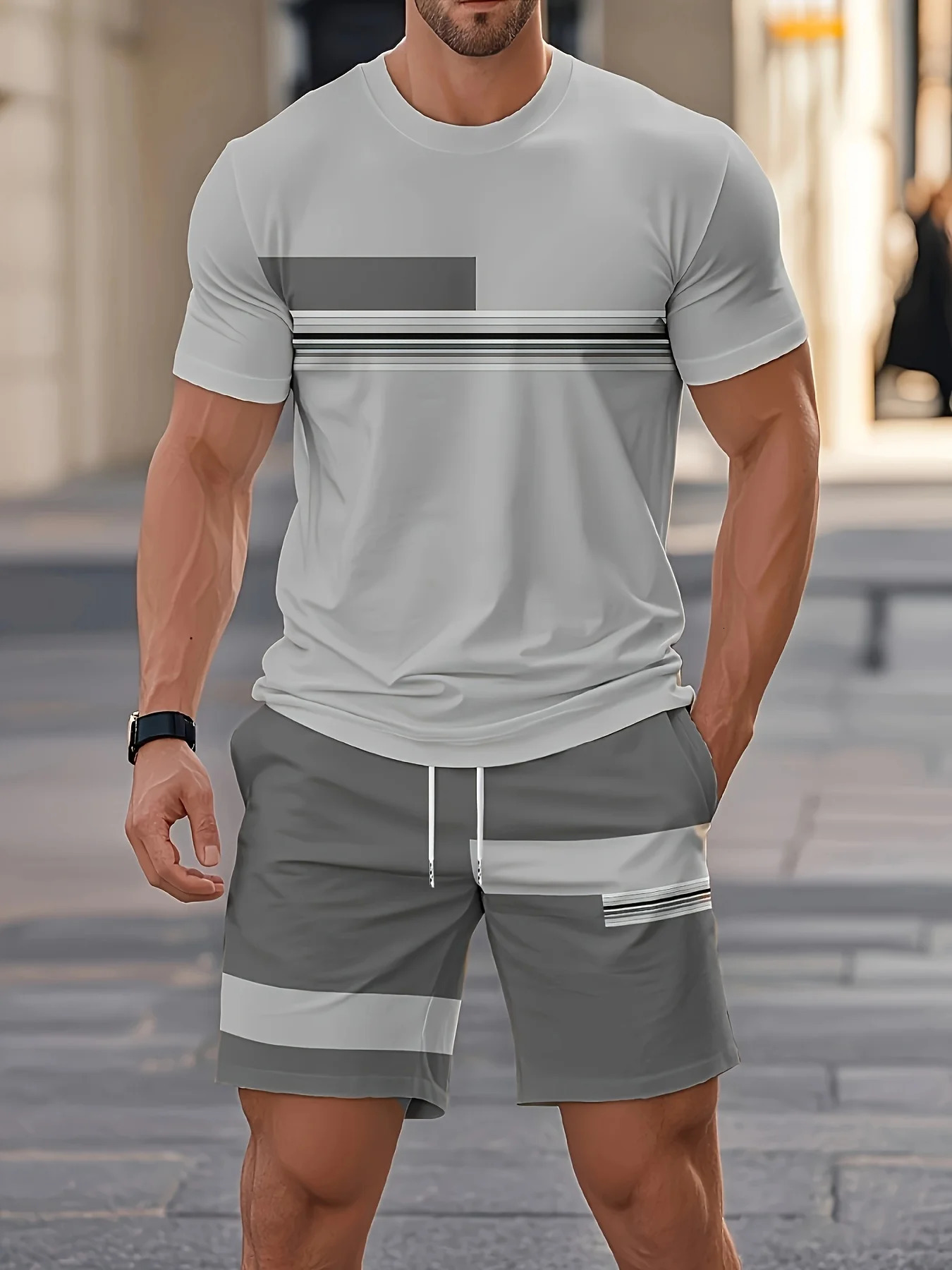2026 Summer Arrival Mens Casual TwoPiece Set Striped Print ShortSleeve Shirt and Athletic Shorts Fitness 260611