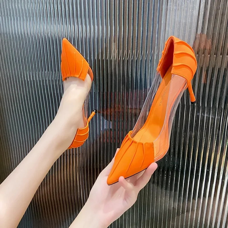 Womens Spring and Summer Baotou Transparent Stiletto High Heels Pumps Rhinestone Pointed Single Shoes All-match 260612