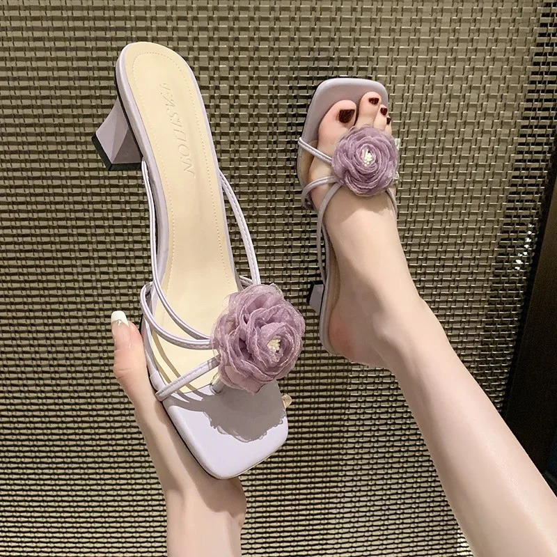 Slippers Womens Sandals Woman Summer Sweet Flowers Fashion Slides Elegant Party Dress Medium Heel Footwear In 260612