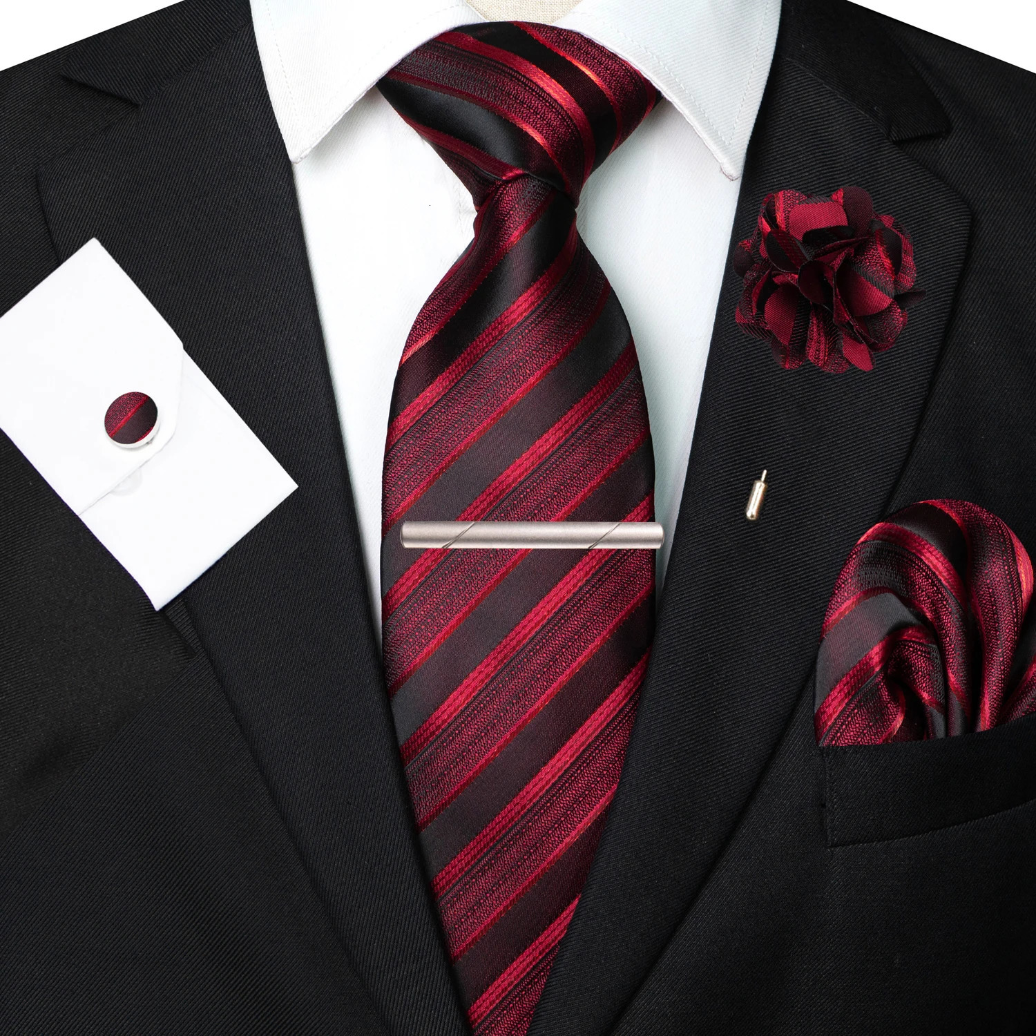 Wine red Striped Silk Mens Tie Pocket Square Pin Cufflinks Clip Set ner Necktie For Male Wedding Business Party Events 260611