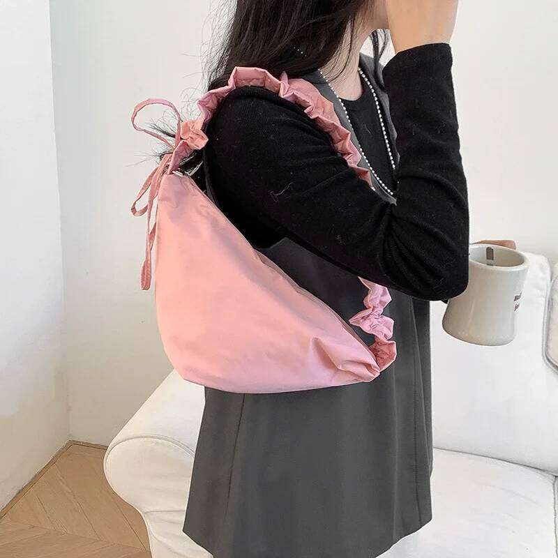 Simple Pure Color Dstring Pleated Cute Versatile Single oulder Zipper Women's Student Class Commute Crossbody Bag