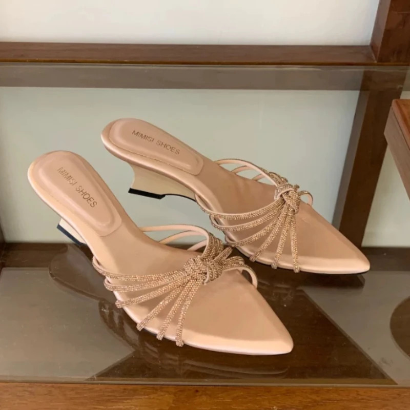 Summer Selling Sexy Pointed Toe Open-Toe Mules Elegant Slip-On Wedge Sandals Womens Outdoor Party High Heels 260623
