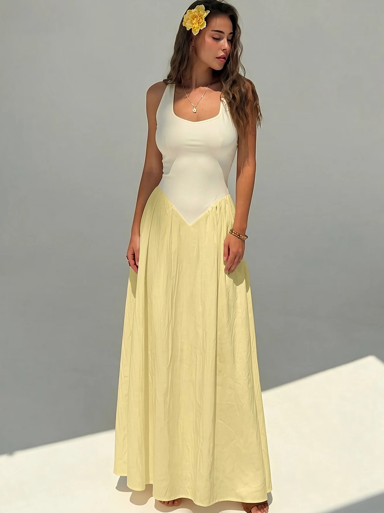 Women A Line Maxi Dress Sleeveless Color Block Patchwork High Waist Elegant Casual Summer Vacation Beach Party 260612