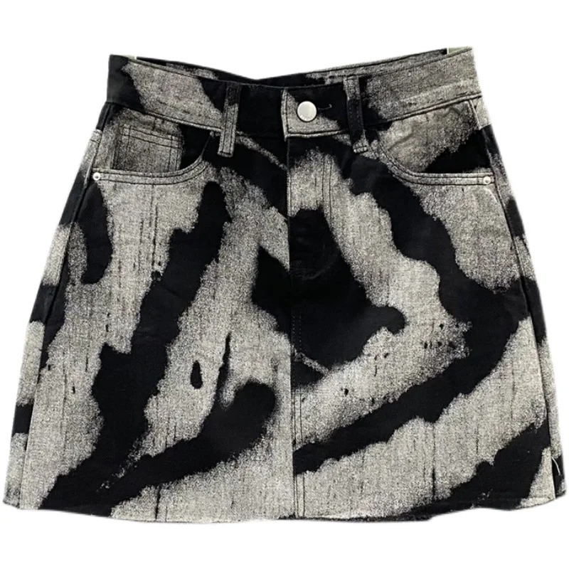 Korean Womens Denim Skirts High Waist Slim Personalized Pattern Denim Skirt with Raw Edges A-line Half Skirt 260609