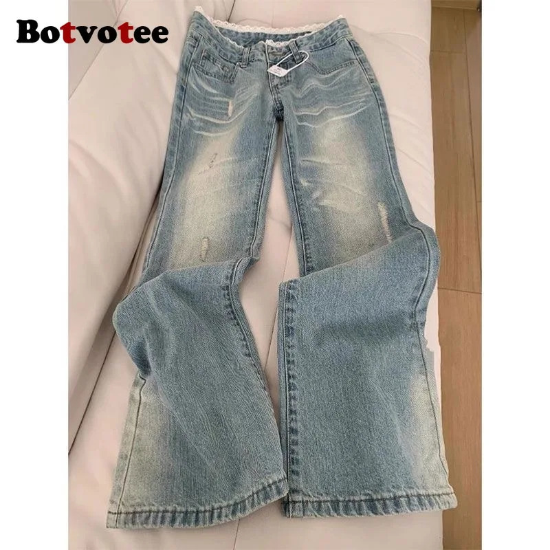 Botvotee Retro Classic American Vintage Denim Jeans for Women Low Waisted Straight 1950s1960s Inspired Light Blue Pants 260609