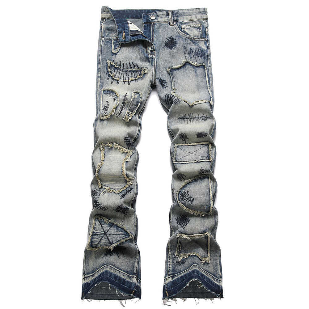 Mens Boot Cut Jeans Streetwear Patches Released Hem Pants Vintage Blue Embroidery Patchwork Flared Trousers Q260612