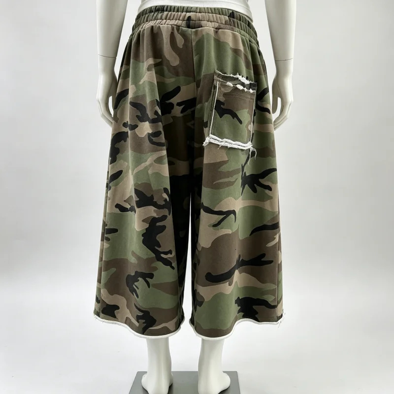 High Street Streetwear Camo Shorts Rough Edge Tassel Camouflage Pattern Sweatshorts Summer Y2K American Unisex Baggy 260612