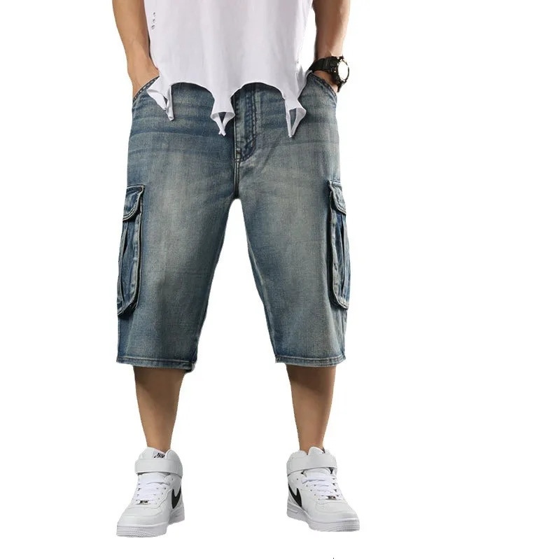 European and American multi pocket work pants seven quarter denim shorts mens wide leg loose oversized trendy 260612