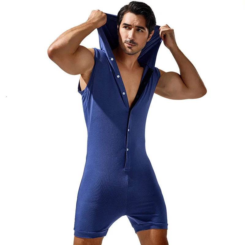 Mens shapewear jumpsuit home wear high elasticity comfortable solid color casual sleeveless vest with hat 260610