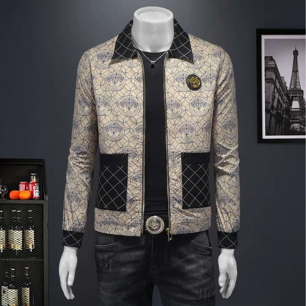 Men's Casual Collared Jacket, Slim-Fit Hooded Winter Outerwear with Turn-Down Collar - Long Sleeve Jacquard Animal Print, Zipper Closure, Applique D