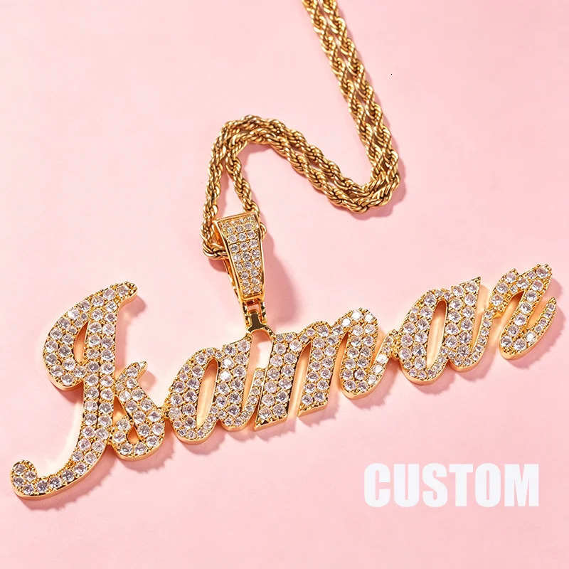 Custom Script Letter Name Necklace Iced Out Pendant Cubic Zircon Nameplate Charm HipHop Jewelry 260611