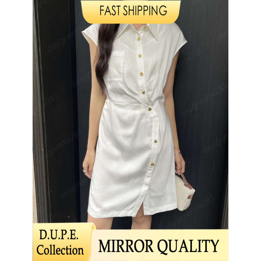 Designer Tencel Robe chemise sans manches de luxe boutons en métal doré sans manches jupes mi-longues femmes asymétrique drapé froncé Robe vacanc