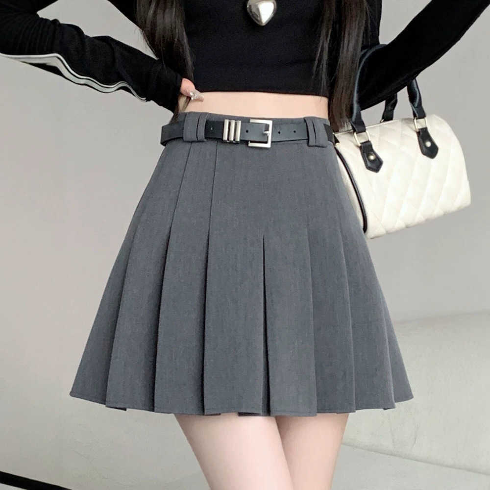 Gray Waist Womens Pleated High Skirt Summer New Preppy Style Slim Fit A-line Skirts Woman Solid Color Casual Student Mini Skirt M260612