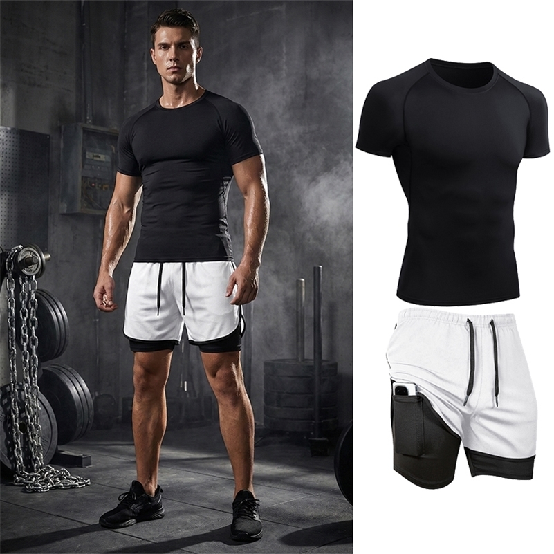 Mens 2 Piece Set Gym Athletic Workout Running Sportswear Compression Shirt T-shirt 2 in 1 Shorts with Phone Pocket 260611