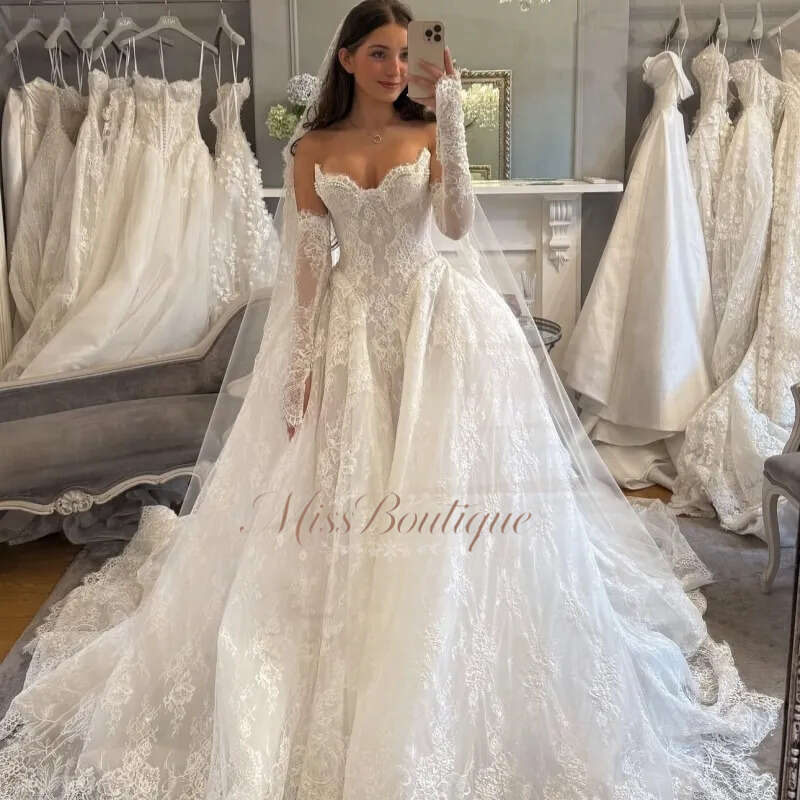 Luxury Ivory Dubai Arabic Mermaid Dresses Applique Lace Tull Court Train Wedding Dress Bridal Gowns Vestidos De Novia Q612