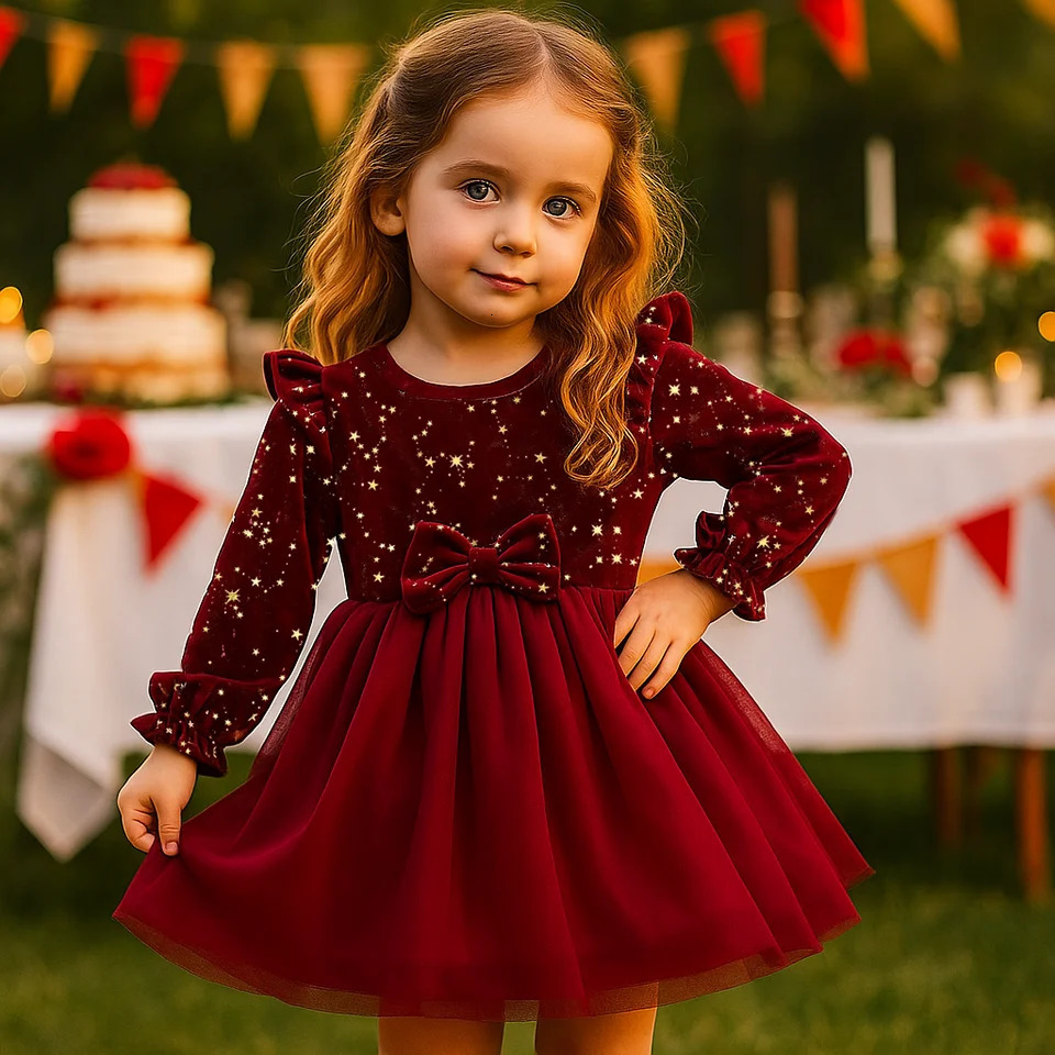 Girl Dress Autumn Winter Velvet Long Sleeved Mesh Bow Princess Dress Childrens Year Children Party Festive Dress For Girl 260611
