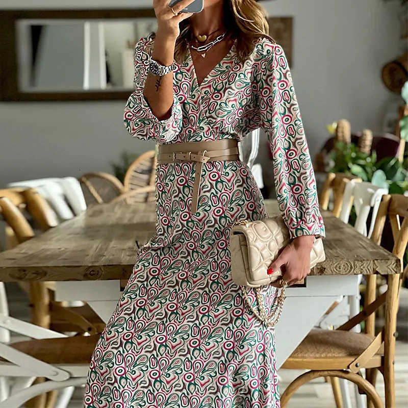 Dresses Casual Elegant Casual V Neck Long Slve Dress Autumn Pattern Print Waisted Party Dress Spring Commute Boho Dress S260612