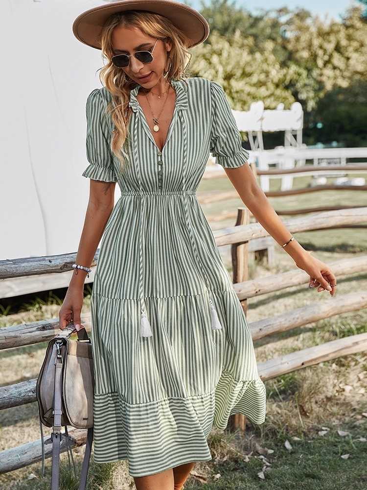 Dresses Casual Spring Womens Striped Dress Short Slve Tassel Long Summer V Neck Button Dresses S260612
