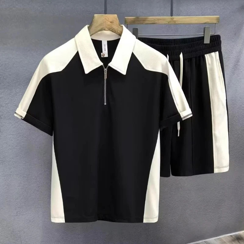Mens Clothing American Style Summer Trendy Color Block Collared Polo Shirt Short Sleeve Sport Shorts Versatile Casual TwoPiece 260612