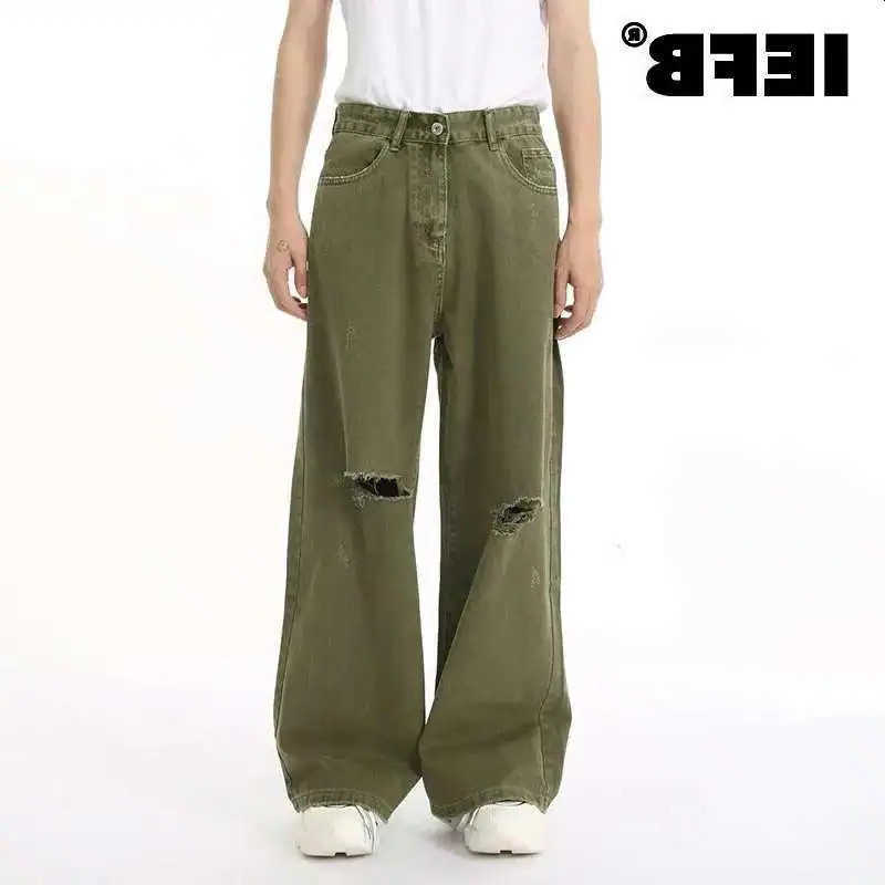 Mens IEFB Jean Vintage Wear Hole n Simple Solid Color Autumn Korean Straight Denim Pants 9C6950 S260612