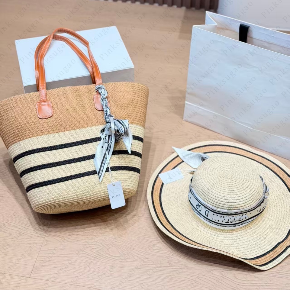 Girls Desiger Straw Beach Bag Shoulder Bags Sun Hat Set Striped Grass Woven Hollow Tote Bag Women's 2pcs Summer Vacation Casual Bags Travel Bag