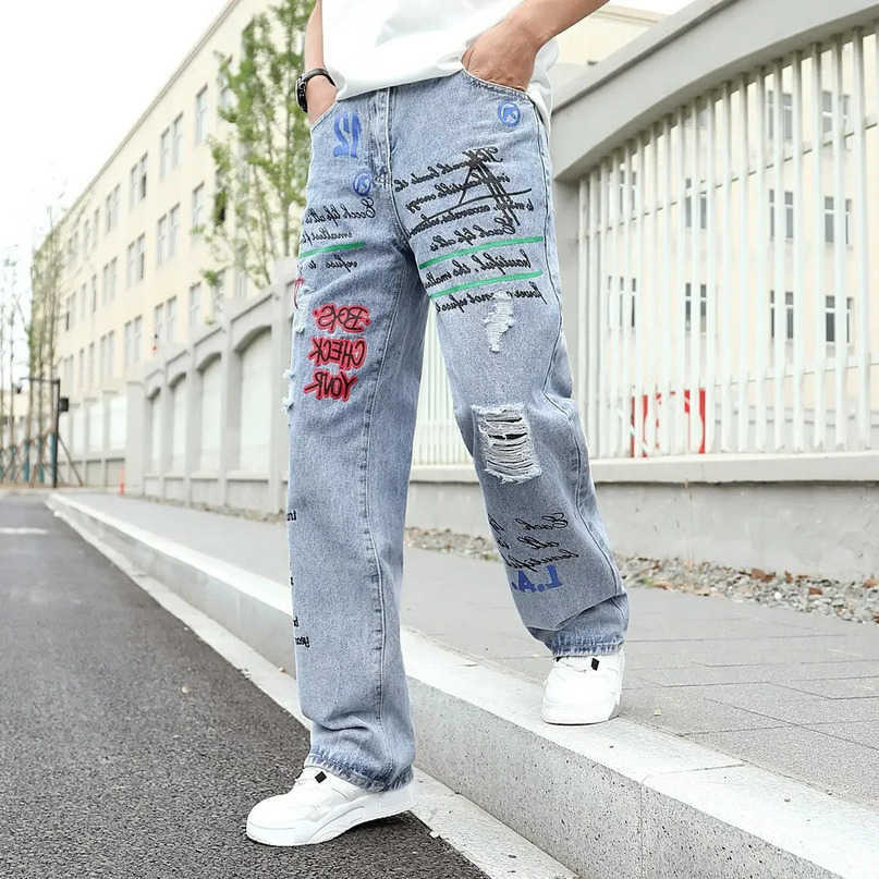y2k Mens Baggy Jeans Hip Hop Trousers Harem Cartoon Loose Graffiti Denim Casual Pants Cargo for S260612