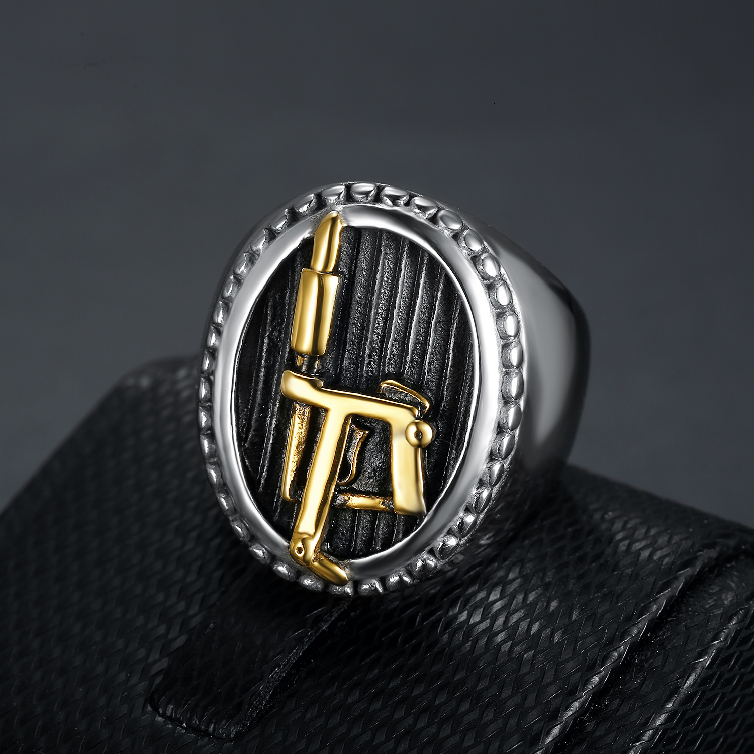 High quality European and American style new personalized vintage tattoo machine logo ring, two-tone stainless steel men's ring