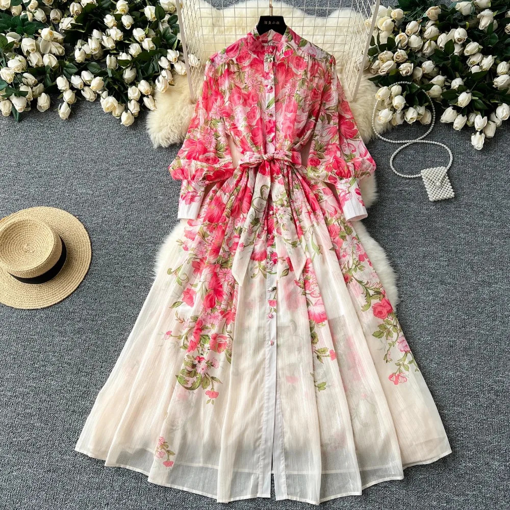 Retro Print o neck lool sleeve sashes Single Breasted Dress A-line Casual High Waist Women Summer chiffon Dresses 260611