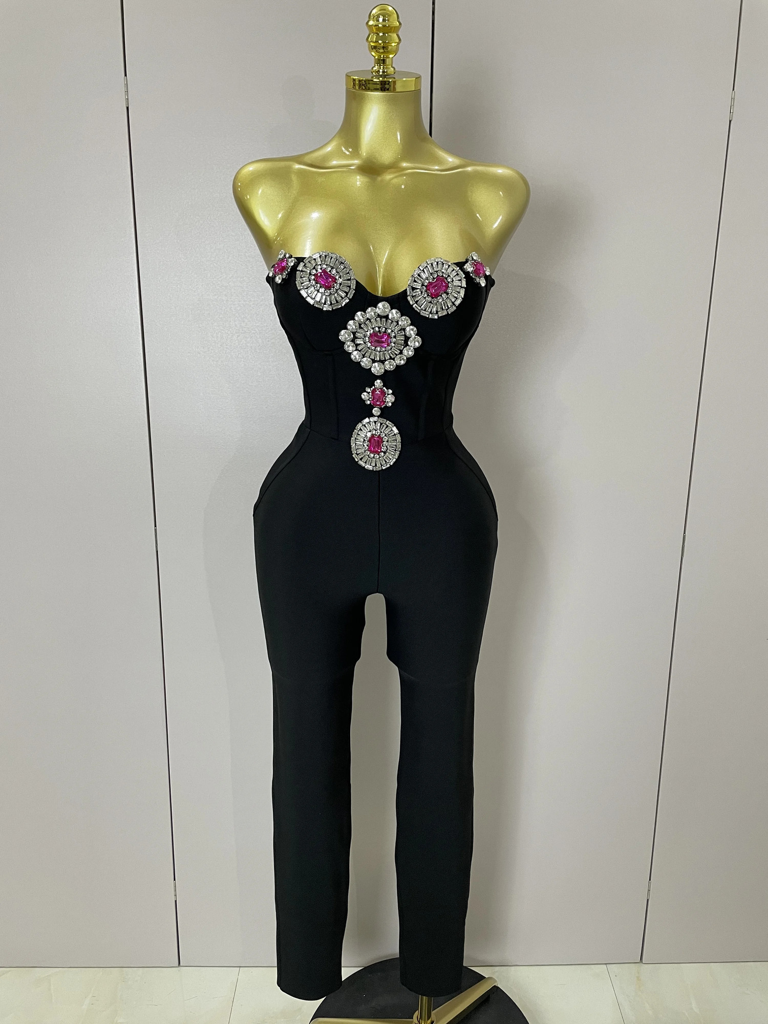 y Sexy Strapless Backless Crystal Diamonds Black Bodycon Bandage Jumpsuit Women Celebrity ner High Street Rompers 260611