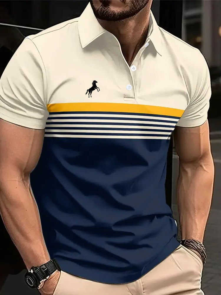 Sleeve MenS Casual Short Shirt with 3D Horse Print Striped Color Block Design Sporty Style Collared Shirt for Summer M260612