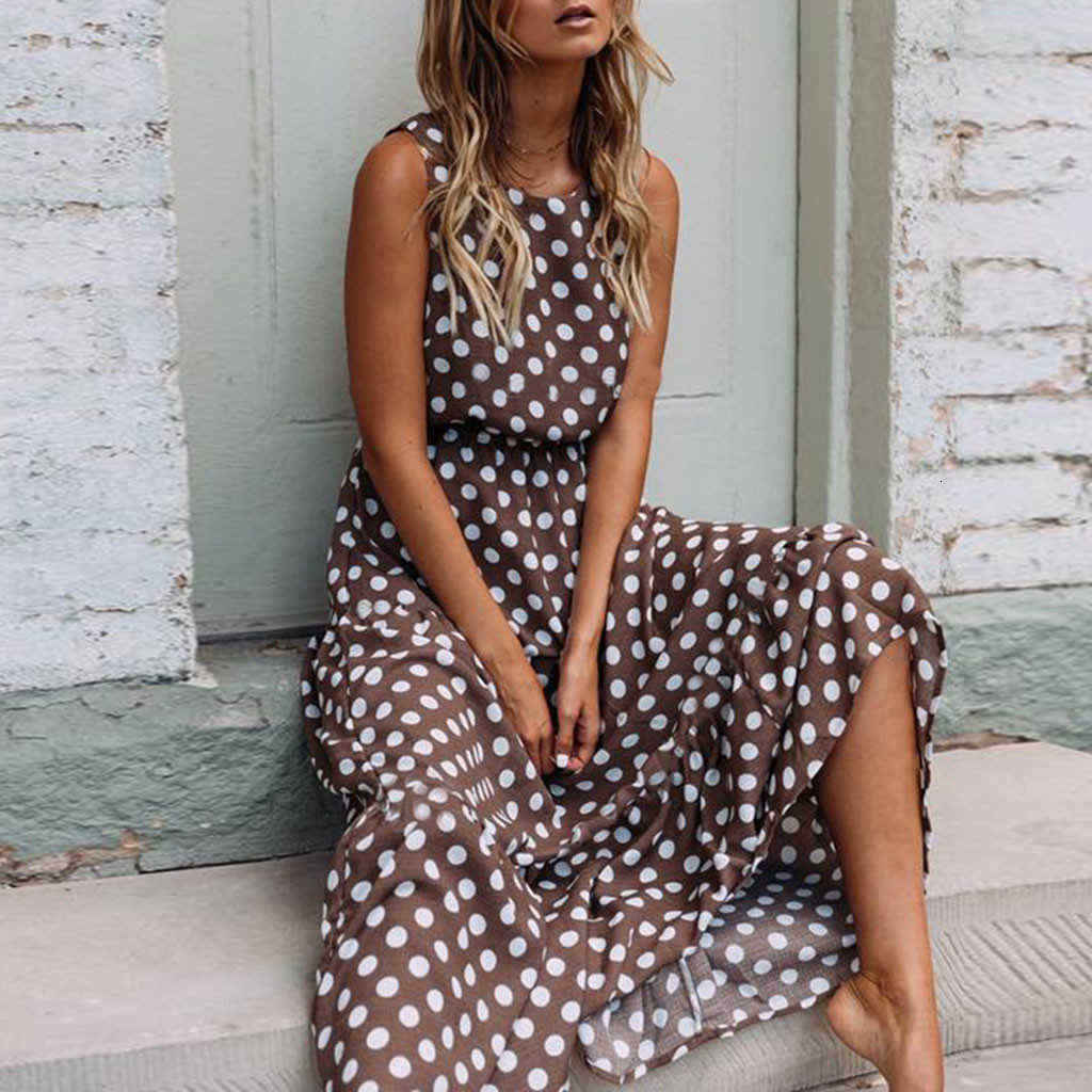 Dresses Casual Polka Dot Boho Sundress Women Summer Beach Long Dresses Elegant Slveless Belts Evening Party Dress Vestido De Mujer S260612