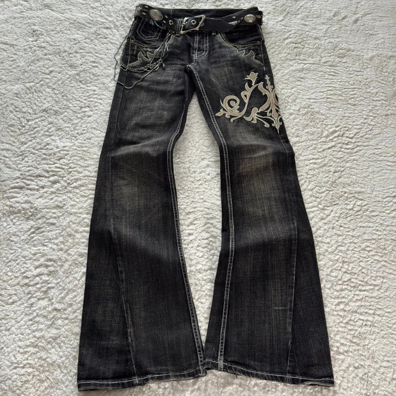 HOUZHOU Vintage Embroidery Patchwork Women Flared Jeans Y2k Harajuku Wide Leg American Style Denim Pants Baggy Punk Streetwear 260612