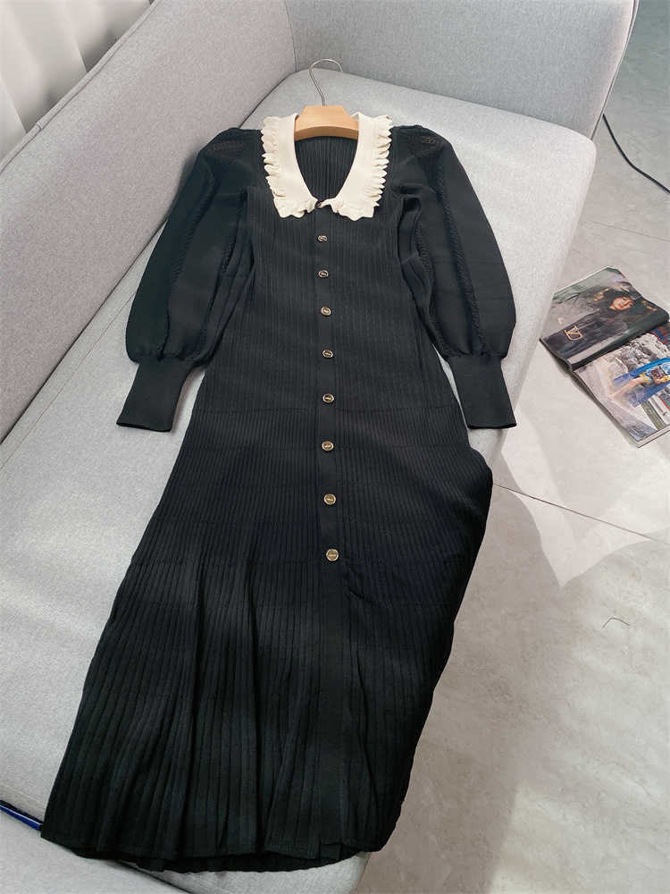 Dresses Casual Puff Slve V-neck Knitted Dress Autumn Single-breasted Midi Skirt Waist Dresses S260612