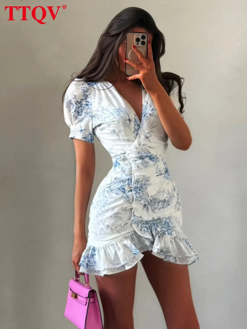 TTQV Sexy Slim Print Womens Dress 2026 Summer VNeck Short Sleeve Mini Dresses Elegant Classic Ruffles Female Streetwear 260611