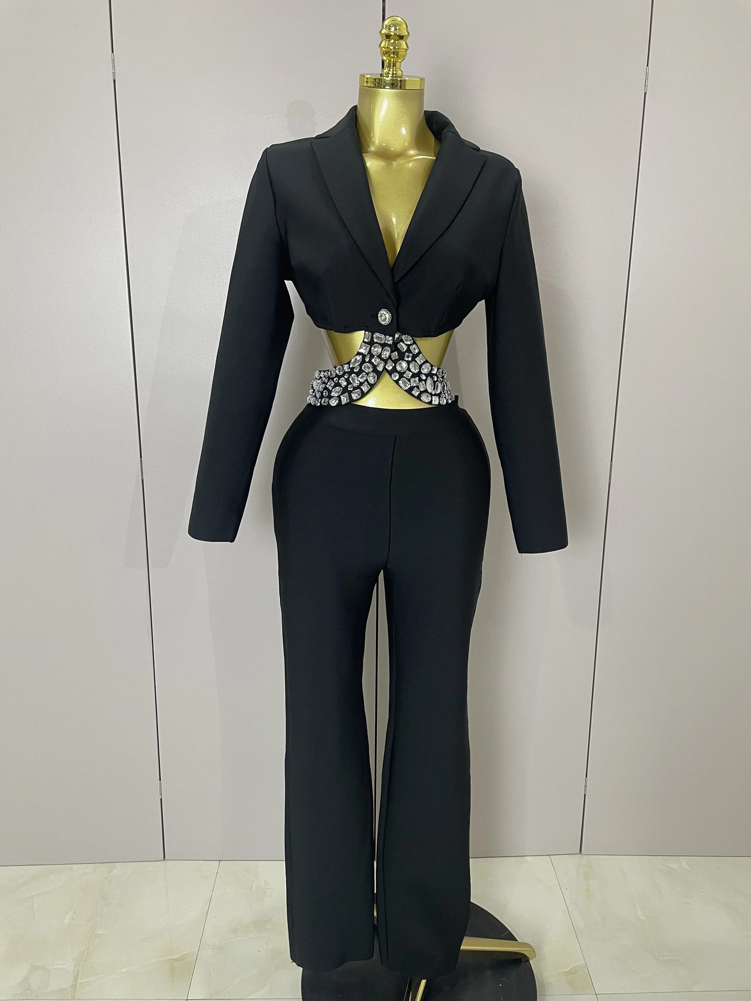 Sexy Cut Out Long Sleeve Beading Bodycon Two Pieces Pants Bandage Set Women Celebrity ner Fashion y Birthday 260601