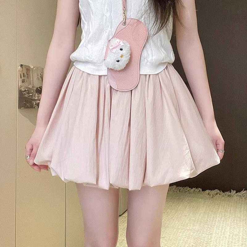 Lady Fashion Short Skirts Summers Korean Solid High Waist Dress Female Designer Ruched A-line Thin Skirts M260612
