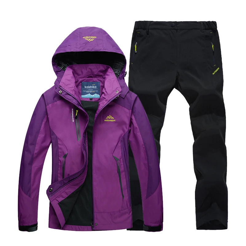 Outdoor Trekking Hiking Jacket and Pants Women Autumn Thermal Waterproof Windproof Hooded Jackets Trip Mountain Camping Sets 260611