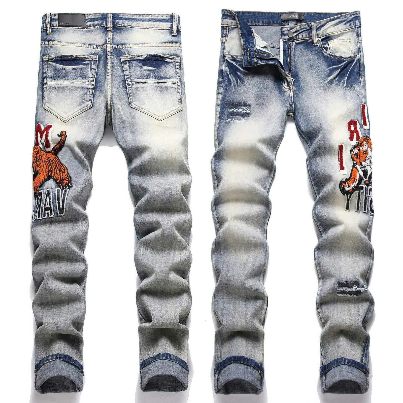 Blue Retro Strt Style Tiger Head Embroidery Patch Elastic Slim Fit Mens Jeans Casual Denim Pants 251201 S260612
